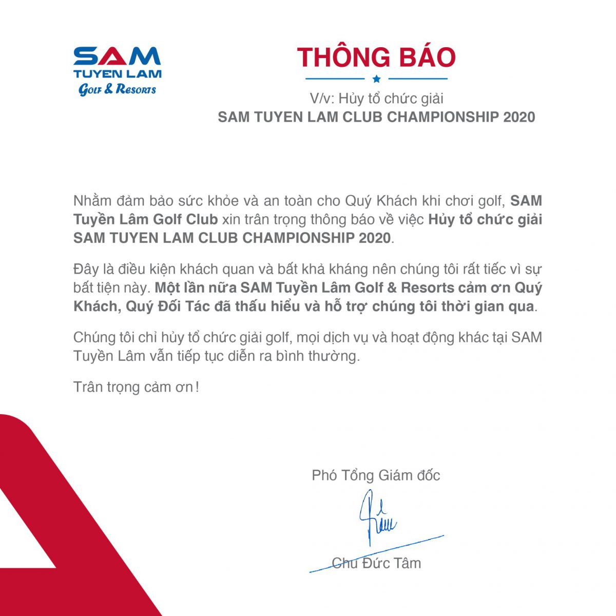 (Tiếng Việt) THÔNG BÁO: Hủy tổ chức giải SAM TUYỀN LÂM CLUB CHAMPIONSHIP 2020